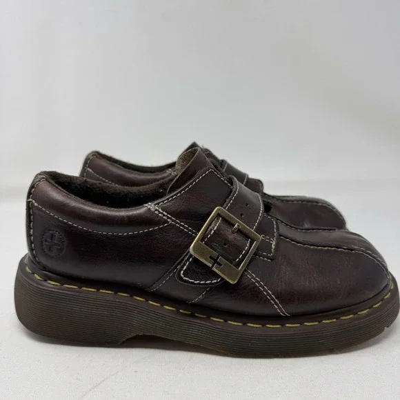 Dr Doc Martens Shoes Womens 9 Monk Strap Oxford Chunky Y2K Brown Leather Wedge - Picture 1 of 10